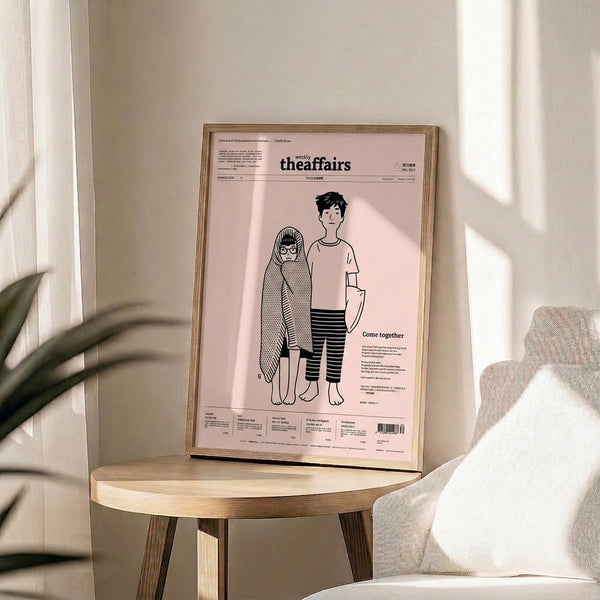 Modern line-drawn figures in black on a soft blush pink background, this minimalist poster conveys quiet intimacy and thoughtful composition.