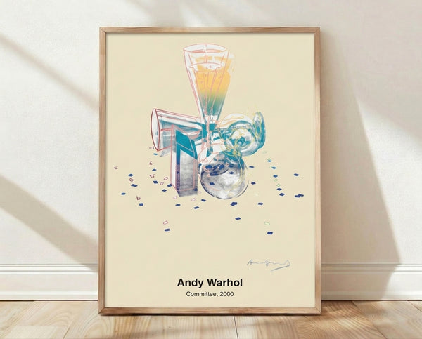 Vibrant pop art framed poster featuring champagne glasses and confetti in bright blue, purple, yellow, and pink with multicolor gradients, celebrating with energetic celebratory style.