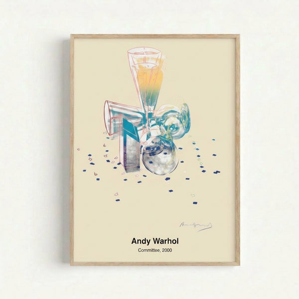 Modern pop art print showing colorful champagne flutes and festive confetti rendered in bold purple, blue, and yellow tones on a wall.