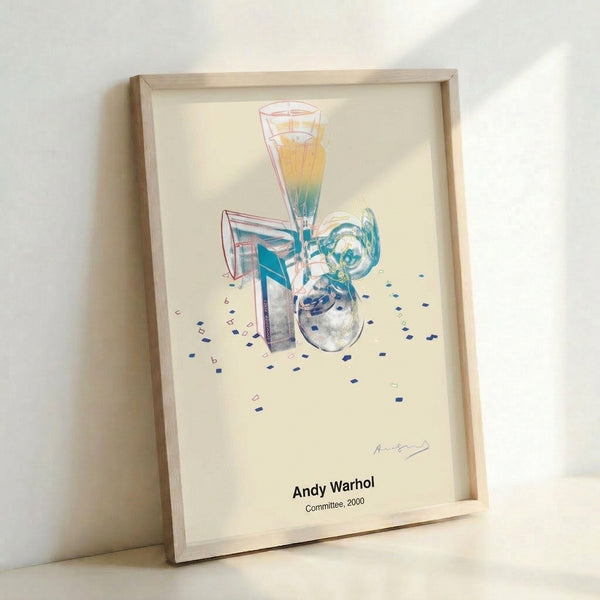 Energetic pop art poster with still life of champagne glasses surrounded by confetti in vivid multicolor gradients of pink, blue, and yellow.