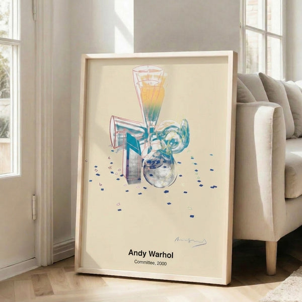 Framed contemporary pop art depicting celebratory champagne glasses and confetti in striking bright colors including electric blue, vibrant purple, and sunny yellow.