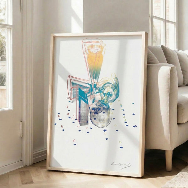 Modern pop art framed print with overlapping portrait figures in vivid color blocking, ideal for contemporary interior spaces.