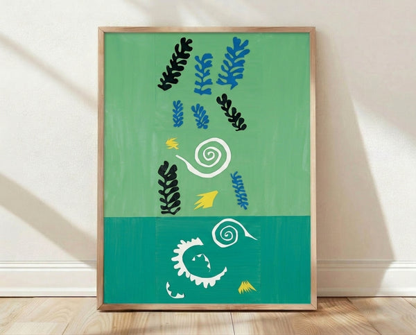 Abstract composition with vibrant green background and geometric shapes in warm tones, framed poster on wall showcasing mid-century modern cutout art.