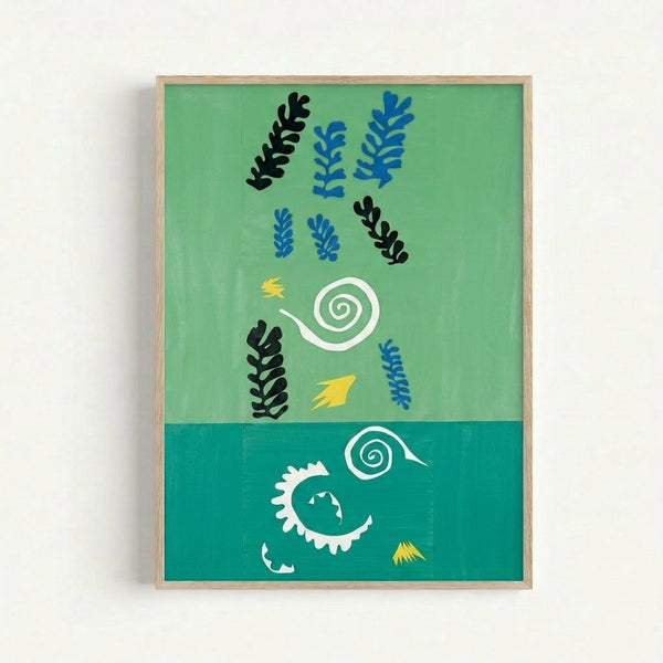 Framed art print featuring bold organic forms in red, yellow, and blue against a rich green field, exemplifying minimalist abstract design.