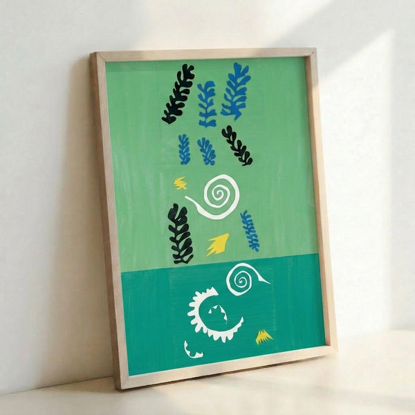 Wall-mounted poster displaying colorful geometric cutout shapes in warm hues set against a deep green backdrop, creating a balanced modernist composition.