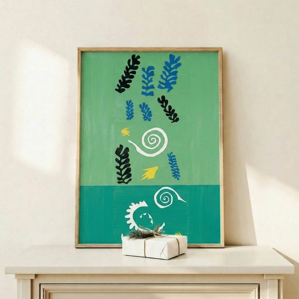 Framed contemporary abstract print with curved and angular forms in orange, red, and gold tones contrasting against verdant green background.