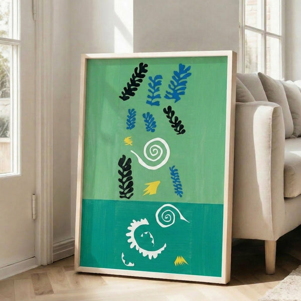 Poster art featuring simplified abstract shapes in warm colors arranged on a serene green ground, embodying elegantly spare modern aesthetic.