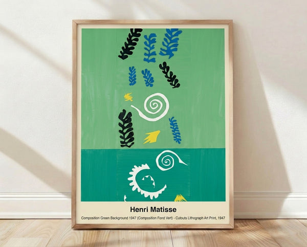 Abstract composition poster in vibrant greens and warm accents with playful geometric shapes and organic forms arranged across a white background, inspired by Matisse's bold modernist style.