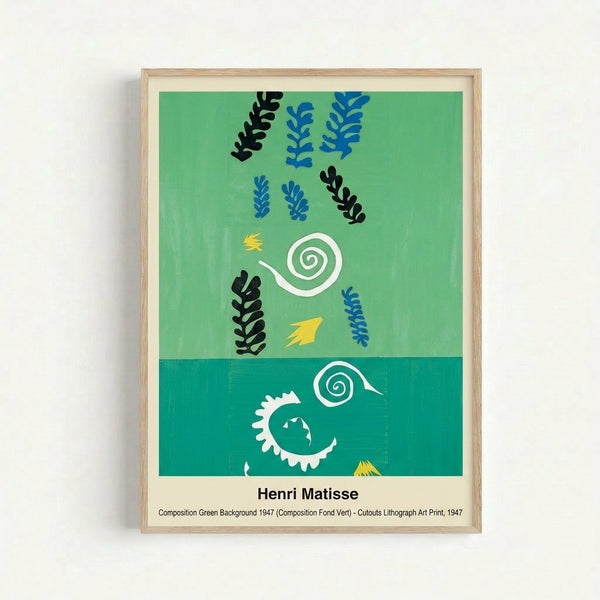 Framed minimalist art print featuring flowing abstract shapes in shades of green, cream, and warm tones arranged in a joyful, decorative composition.