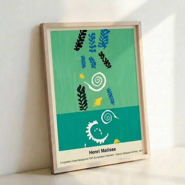 Henri Matisse-inspired abstract wall art with vibrant color fields, organic forms, and inventive geometric elements in green and warm accents on a light background.