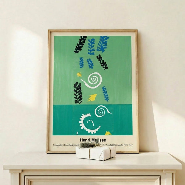 Modern abstract poster displaying playful shapes and forms in rich greens with warm highlights, creating a cheerful and decorative composition.