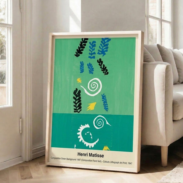 Minimalist modern art print with abstract shapes in vibrant green hues, white space, and warm accent colors arranged in an inventive, visually rhythmic design.