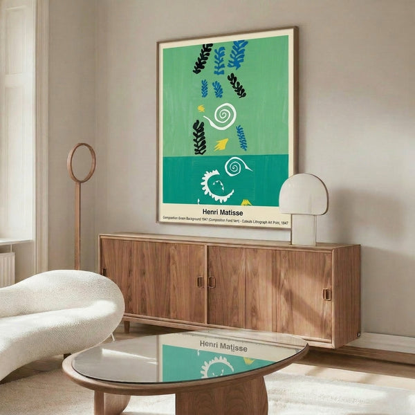 Contemporary abstract wall art poster with vibrant green color fields, spontaneous shapes, and decorative forms in a light, minimalist composition.
