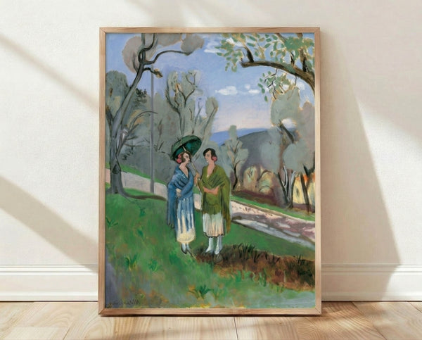 Framed art print of two figures conversing beneath gnarled olive trees in muted earth tones and soft greens, rendered in a modernist style with simplified forms and peaceful atmosphere.