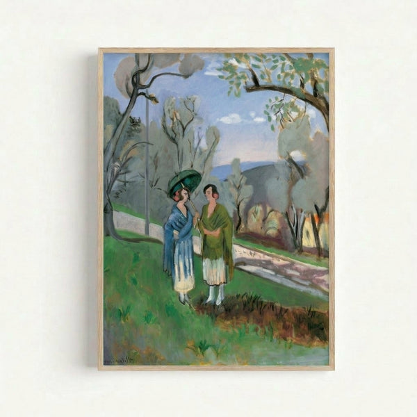 Matisse-inspired poster featuring abstract figures under olive foliage, with warm ochres and cool greens creating a tranquil Mediterranean scene on a gallery wall.