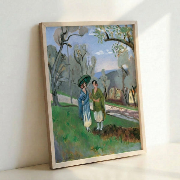 Minimalist landscape print showing two people in conversation beneath twisted olive branches, executed in loose brushwork with a serene, contemplative mood.