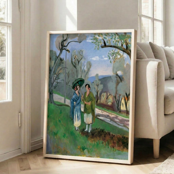 Wall art depicting a quiet moment between two figures surrounded by stylized olive trees in soft greens and warm earth tones, contemporary modernist aesthetic.