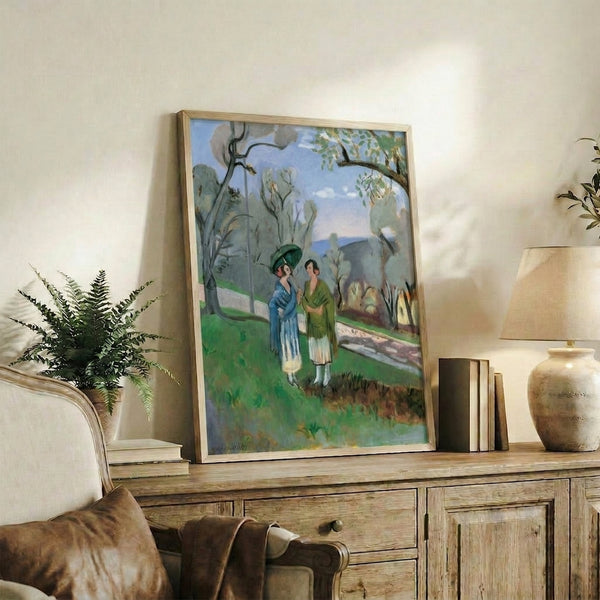 Framed poster of an intimate outdoor conversation beneath gnarled olive trees, painted in muted greens and ochres with an impressionistic, relaxed composition.