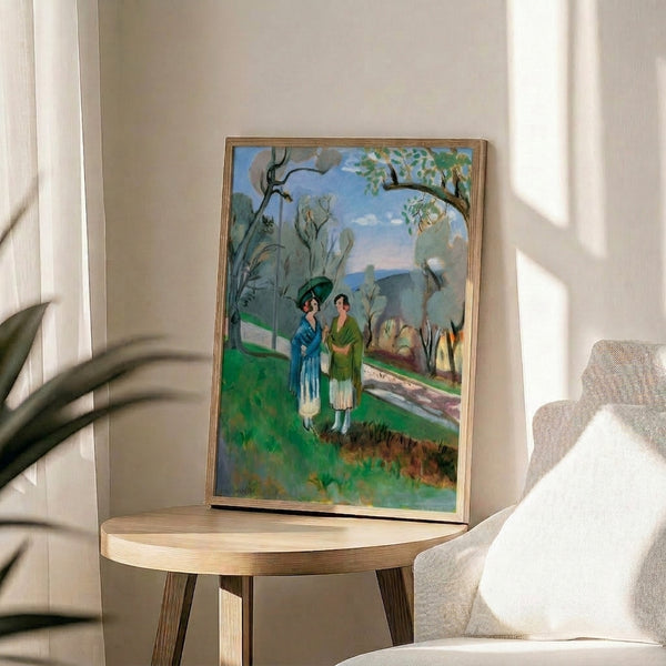 Abstract landscape print portraying figures in dialogue beneath olive foliage, rendered in soft, naturalistic hues with a peaceful, introspective quality.