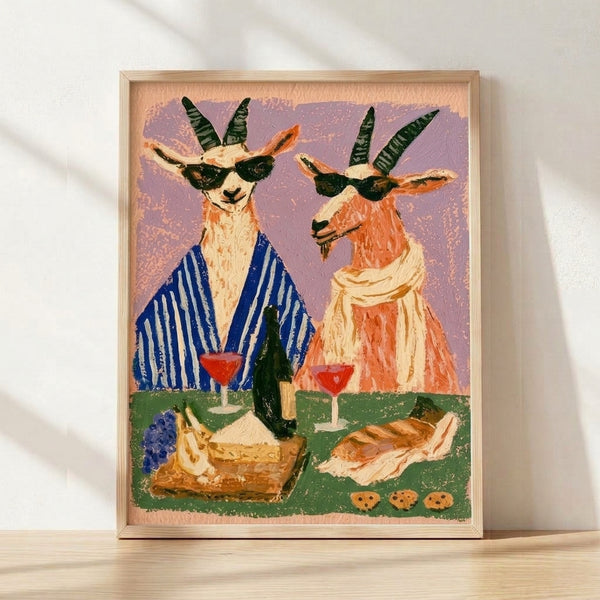 Retro folk art poster featuring a stylized goat wearing sunglasses at a wine picnic, surrounded by grapes, bread, and wine bottles in lavender, cream, orange, navy and sage green tones.