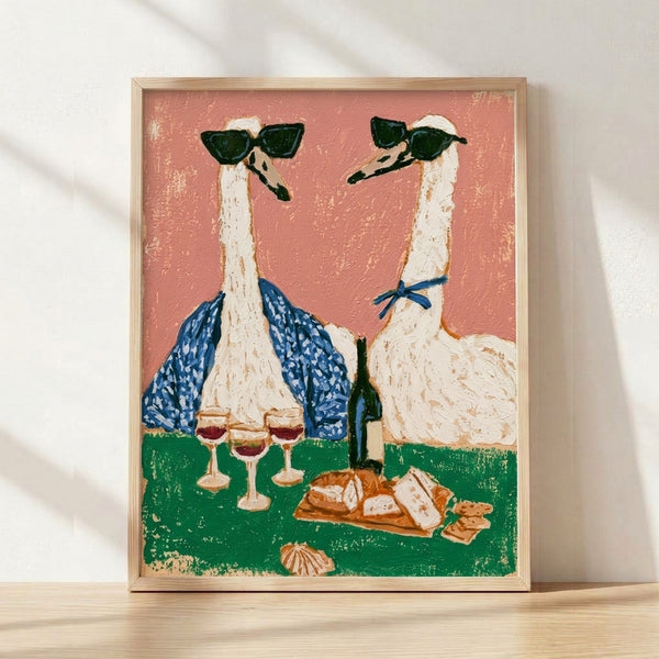 Retro boho art print featuring whimsical geese and llamas wearing sunglasses at a wine picnic, rendered in dusty rose, cream, navy, and forest green with a playful, carefree mood.