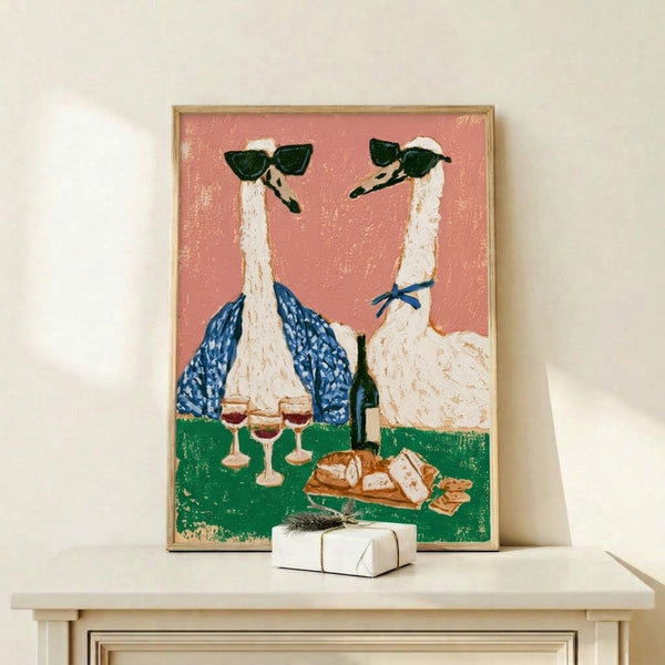 Framed poster with humorous caricature-style illustration of animals enjoying wine and cheese in retro coquette aesthetic, soft warm and cool tones creating a fun celebratory scene.
