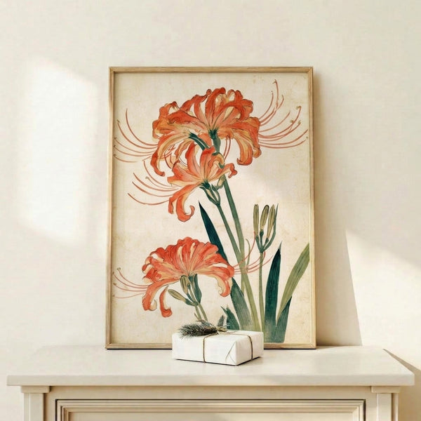 Serene watercolor rendering of an amaryllis flower with pale orange petals and ochre accents, featuring scholarly elegance in a vintage botanical composition.