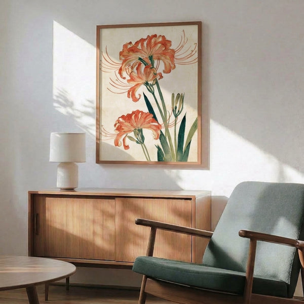 Vintage-style watercolor flower study showcasing a red spider lily with warm cream and sage tones, evoking serene natural elegance as framed botanical wall art.