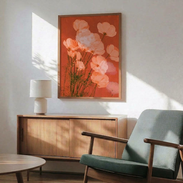 Serene botanical watercolor artwork featuring a cosmos flower in coral gradients with cream accents and sage green stems, hung as a wall poster.