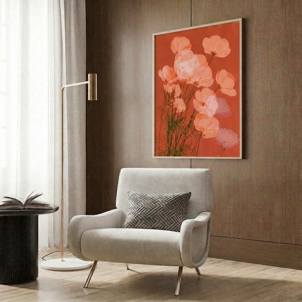 Delicate watercolor cosmos in soft peach and coral shades with natural green botanical elements, framed as modern nature wall art.