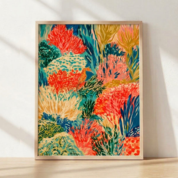 Whimsical retro boho poster featuring a seahorse surrounded by vibrant coral, seaweed, and marine plants in warm coral red, teal, golden yellow, and seafoam green tones; framed wall art with a tropical, calming ocean garden aesthetic.