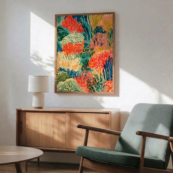 Framed art print depicting an ornamental seahorse nestled among stylized coral formations and aquatic flora in rich jewel tones of navy, teal, and coral with golden accents; retro boho marine life illustration with a serene, whimsical mood.