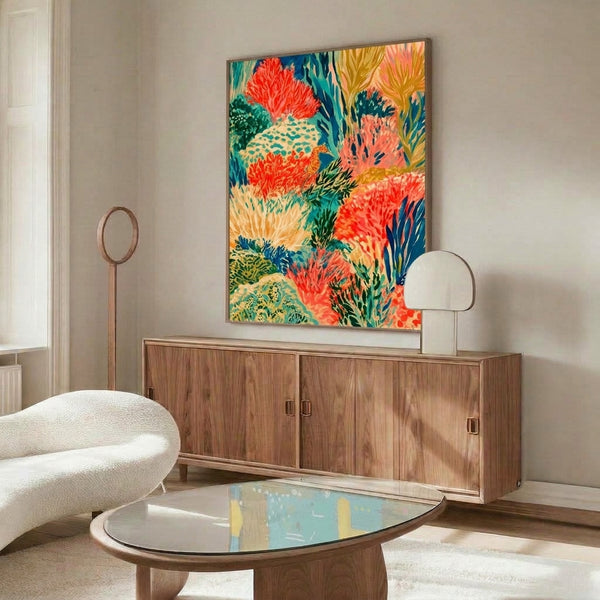 Retro botanical ocean poster showcasing a decorative seahorse surrounded by layered coral and seaweed in a vibrant palette of seafoam, coral red, golden yellow, and navy blue; boho-inspired marine wall decor with tropical charm.