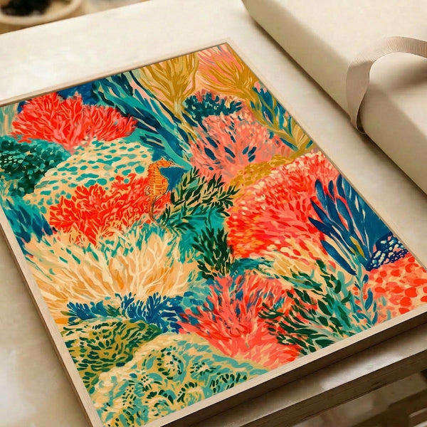 Vintage-style framed print of a whimsical seahorse garden with intricate coral branches and ocean plants rendered in warm corals, cool teals, and golden highlights; boho marine artwork evoking a tranquil, tropical underwater scene.