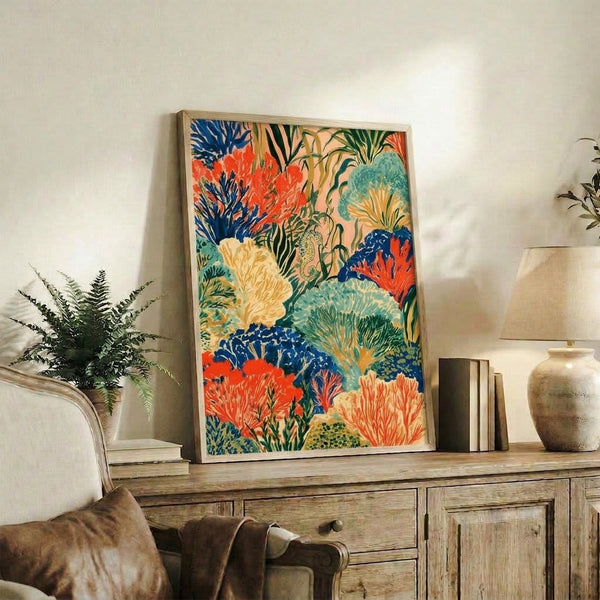 Boho-inspired underwater poster showcasing a detailed seahorse centered among flowing kelp and sea life in warm coral, deep blue, and cream hues with Art Nouveau flourishes, displayed as a framed wall art piece.