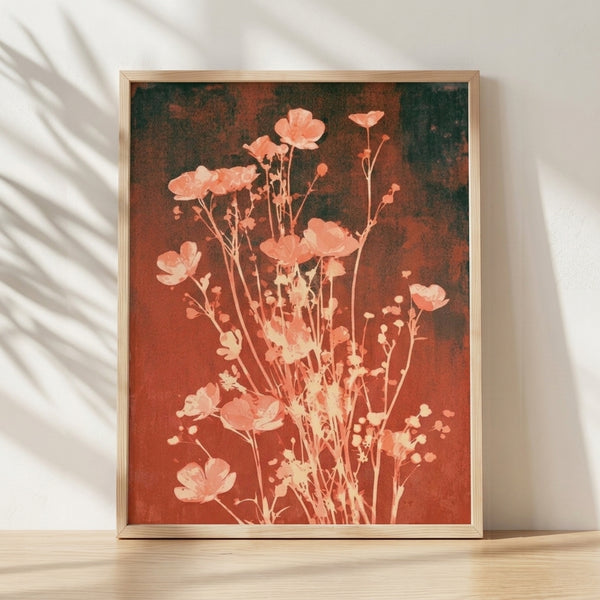 Watercolor wildflower botanical art print in coral, rust red, and cream tones, featuring delicate flower stems and buds in a vintage cottagecore style.