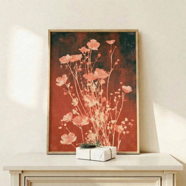Serene botanical poster with soft watercolor wildflowers in coral and burnt sienna hues, displaying romantic vintage-inspired flower illustration on wall.