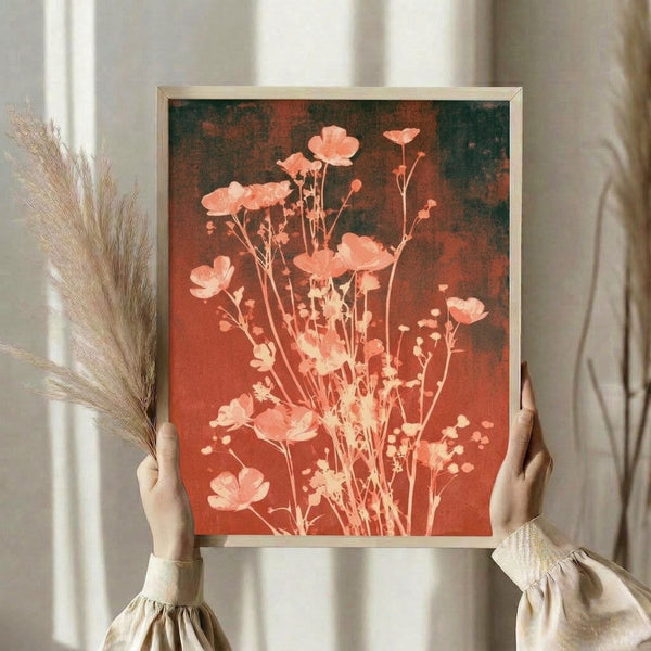 Delicate watercolor flower print showcasing rust and coral blooms with dark teal accents, rendered in a romantic vintage botanical art style.