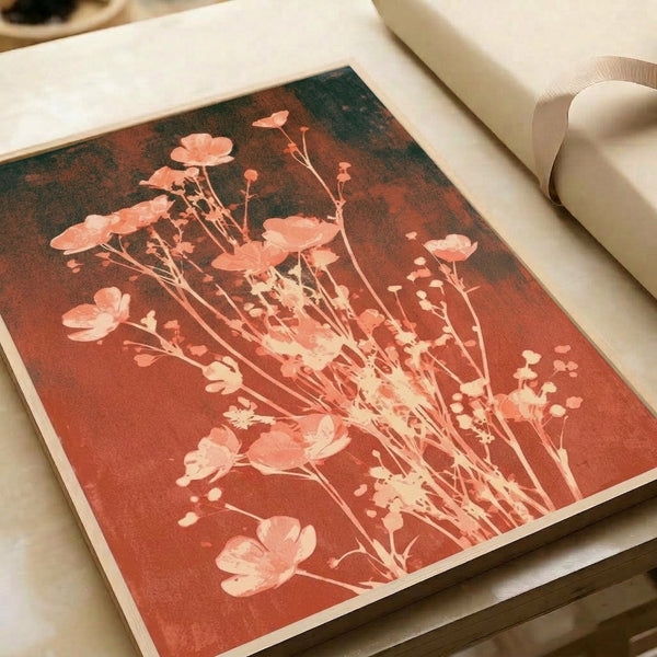 Vintage-style watercolor botanical poster featuring coral and rust-toned wildflowers with cream background, evoking a serene cottagecore aesthetic on display.