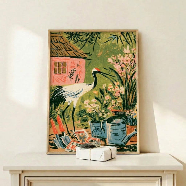Japandi-inspired wall art showing a graceful crane in a peaceful garden scene with a charming cottage, flowering plants, and gardening elements in muted earth tones and soft greens.