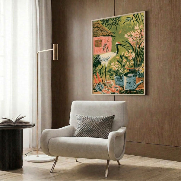 Boho home decor poster depicting a serene cottage garden with a majestic crane among blooming flowers, greenery, and vintage gardening tools in a warm, cozy color palette.