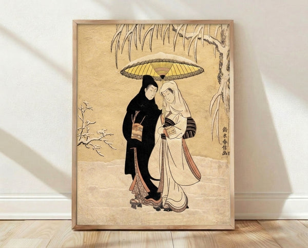 Japanese woodblock print of a couple sharing an umbrella in falling snow beneath a willow tree, rendered in cream, black, and pale blue tones with romantic intimacy.