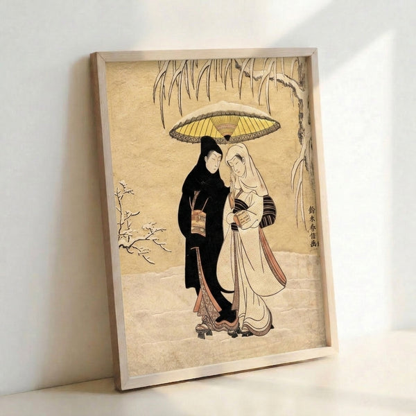 Serene Japanese art print showing two figures sheltering beneath an umbrella amid snow, with delicate willow branches and gold accents in a Japandi aesthetic.