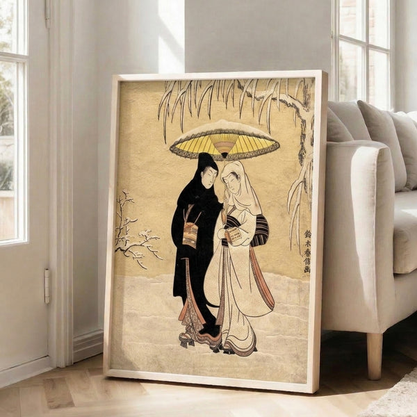 Traditional woodblock illustration of a romantic snow scene with a couple and umbrella beneath drooping willow, printed in soft cream, black, and pale blue.