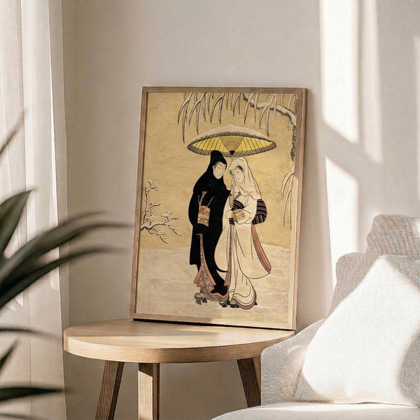 Japanese woodblock poster featuring an intimate moment between a man and woman sharing shelter under an umbrella in snowfall, with elegant brushwork in muted cream and rust tones.