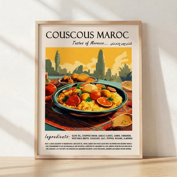 Vintage Art Deco travel poster celebrating Moroccan couscous cuisine, featuring a warm golden and terracotta color palette with citrus fruits, bread, and a distant minaret cityscape.