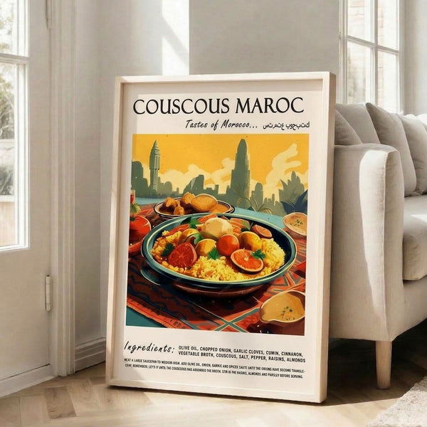 Warm inviting vintage-style poster showcasing a traditional Moroccan couscous dish surrounded by fresh lemons and bread, rendered in nostalgic Art Deco design with sage green and cream tones.