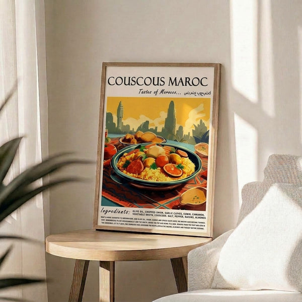 Retro Moroccan food art print in Art Deco style displaying a vibrant couscous scene with citrus and bread, evoking a culinary adventure through rich reds, golden yellows, and terracotta hues.