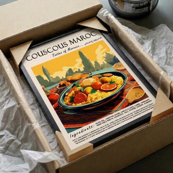 Vintage travel-inspired poster art depicting the flavors of Morocco through a couscous meal composition, framed in warm golden and sage tones with Art Deco styling and nostalgic charm.
