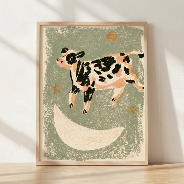 Vintage-style framed poster of a whimsical cow leaping over a crescent moon surrounded by stars and sun, rendered in sage green, cream, tan, and gold with a nostalgic, dreamy aesthetic.